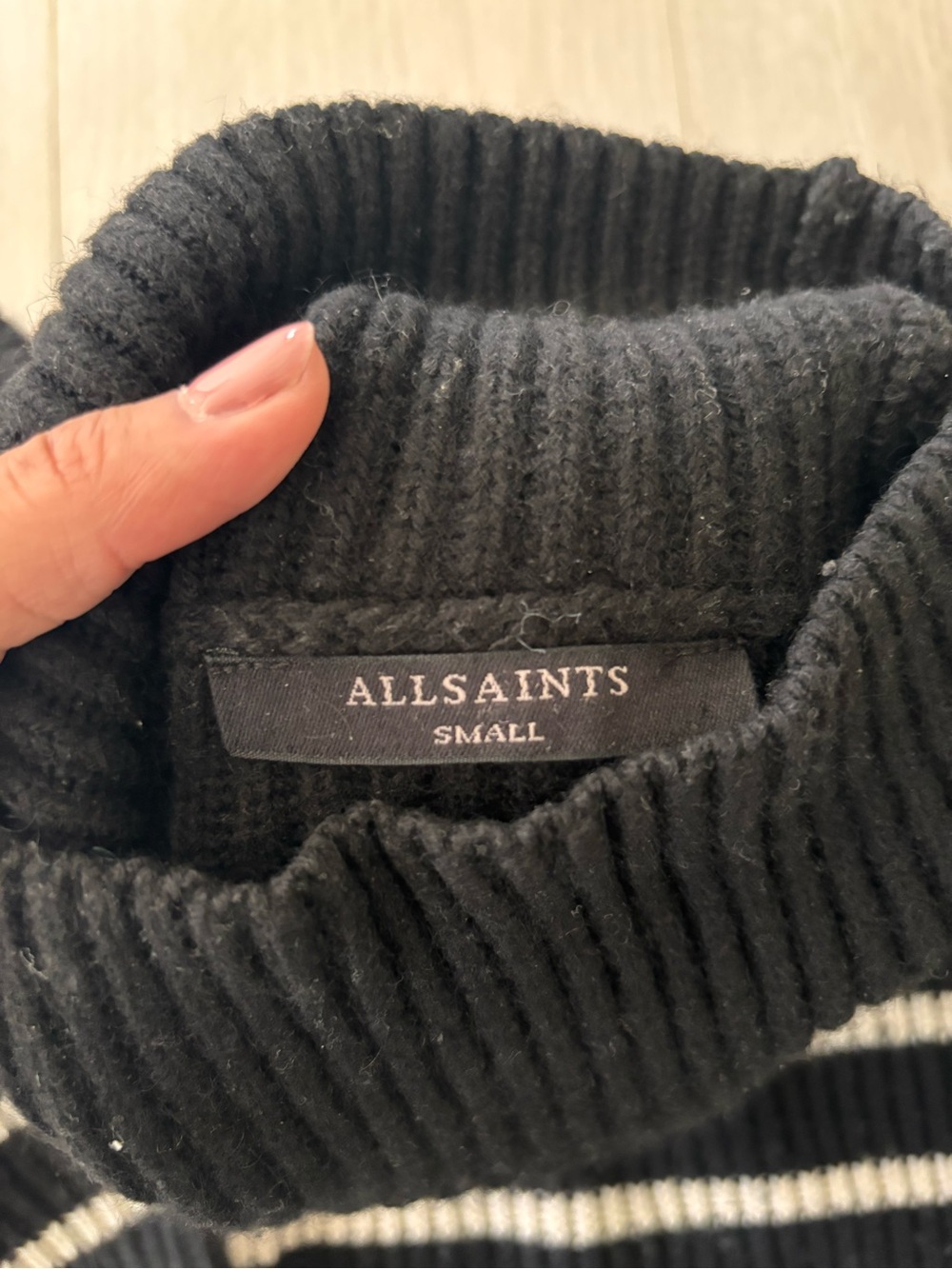 All Saints Black and Cream Striped Turtleneck Sweater - Picture 2 of 3